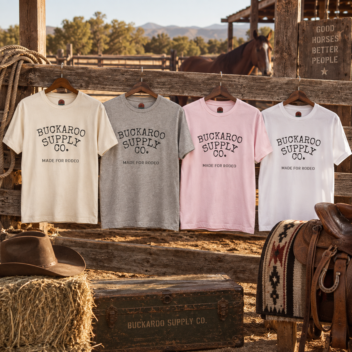 Ivory gray pink and white Made for Rodeo Western T-shirts displayed together at a ranch