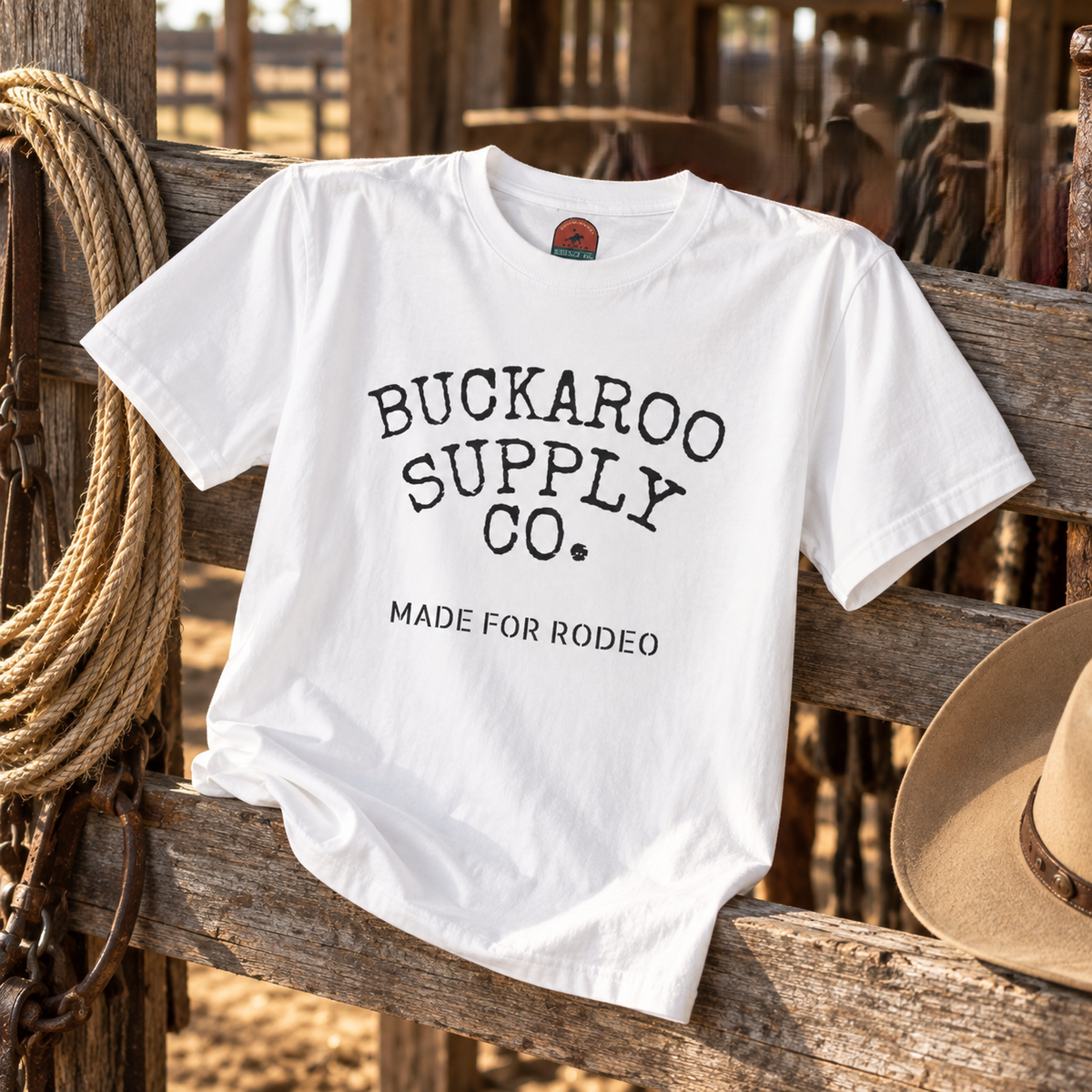 White Made for Rodeo Western T-shirt displayed in a rustic Western ranch setting