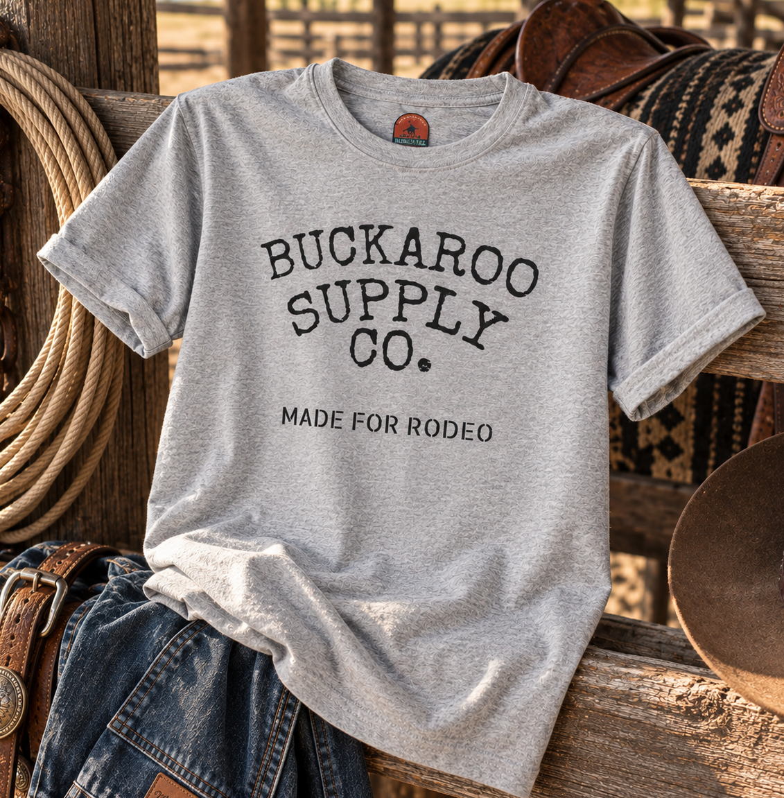 Heather gray Made for Rodeo T-shirt styled with saddle, denim, rope, and cowboy hat
