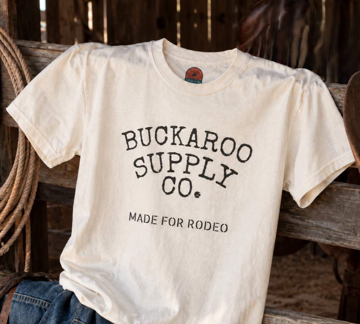Ivory Made for Rodeo Western T-shirt displayed with saddle, rope, and rustic ranch gear