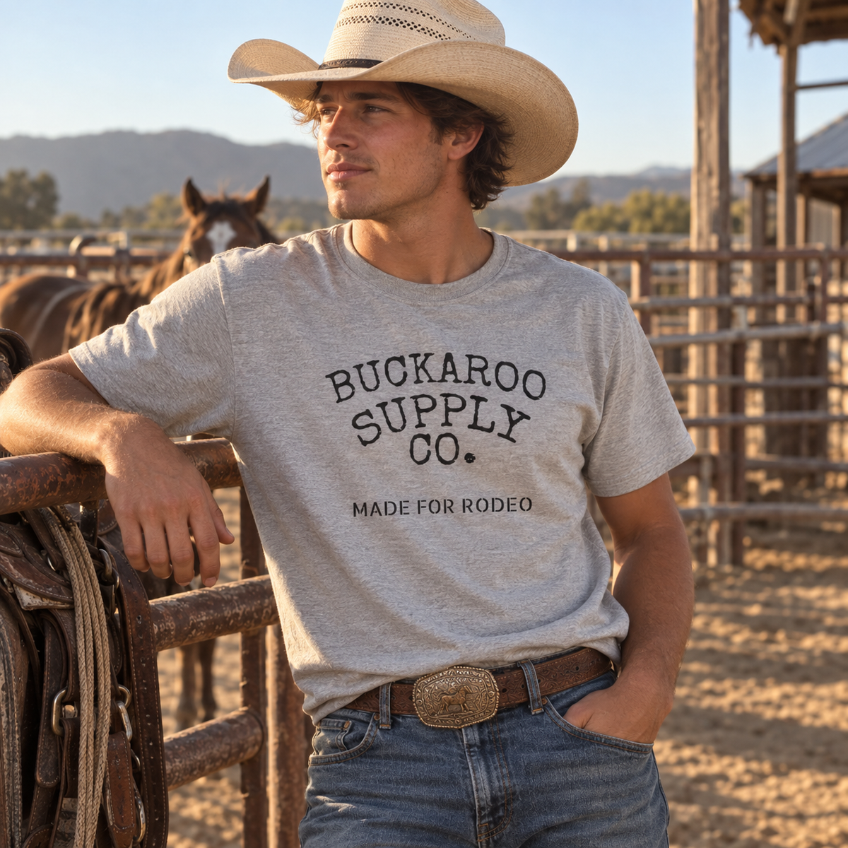 Cowboy wearing heather gray Made for Rodeo Western T-shirt at a ranch