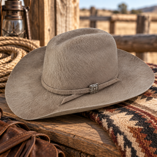 Gray wool felt cowboy hat with cattleman crown and wide brim styled on a rustic Western surface with a Buckaroo-inspired ranch background.