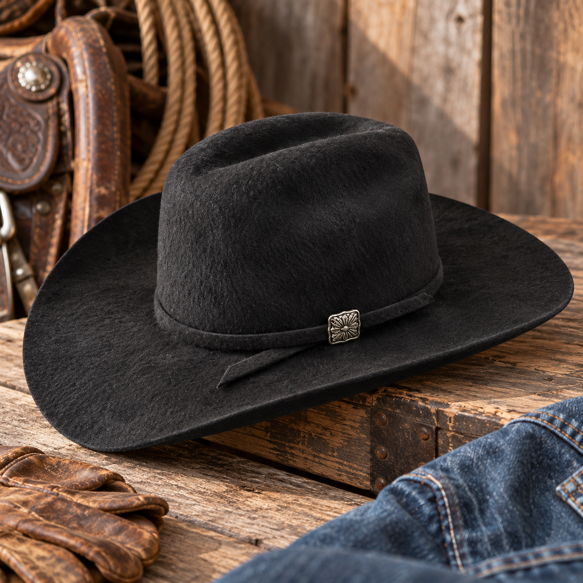 Black wool felt cowboy hat with cattleman crown and wide brim displayed in a rustic Western product scene with ranch-inspired Buckaroo styling.
