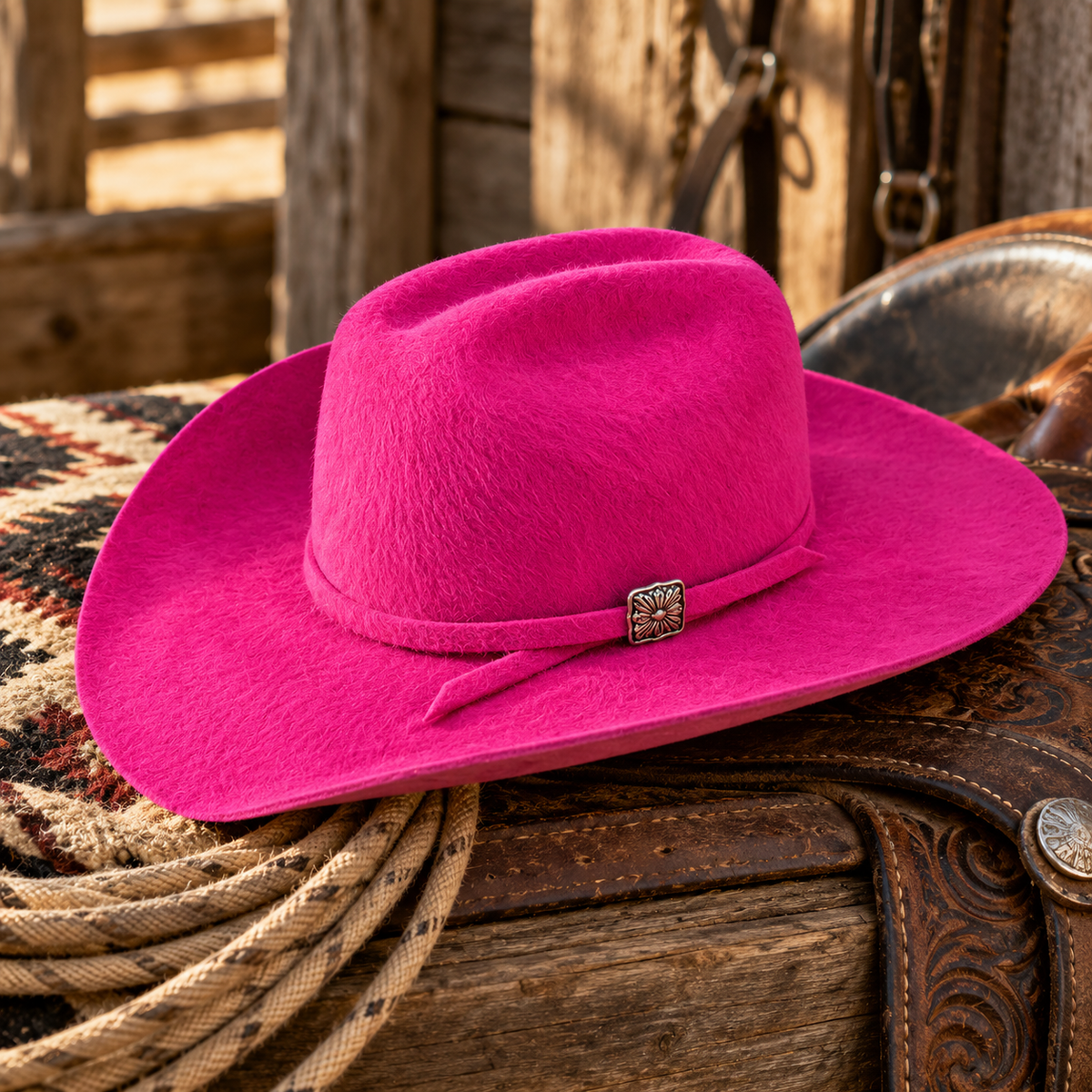 Hot pink wool felt cowboy hat with cattleman crown and wide brim styled in a bold Western-inspired product scene with rustic Buckaroo details.