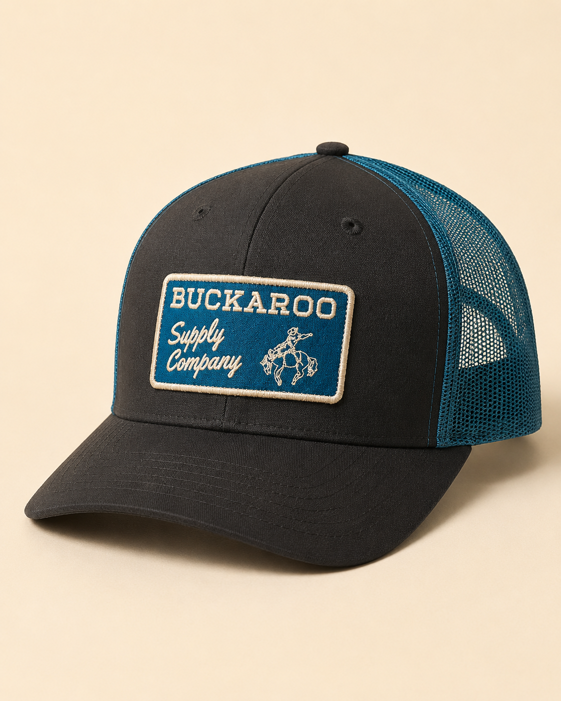 Buckaroo Black and Teal Western trucker hat with embroidered patch