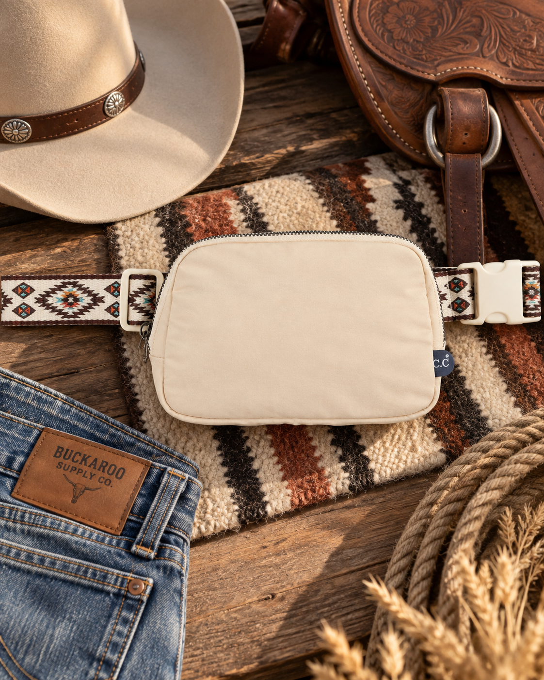 Beige Southwestern strap belt bag styled with cowboy hat, leather saddle, denim and rope