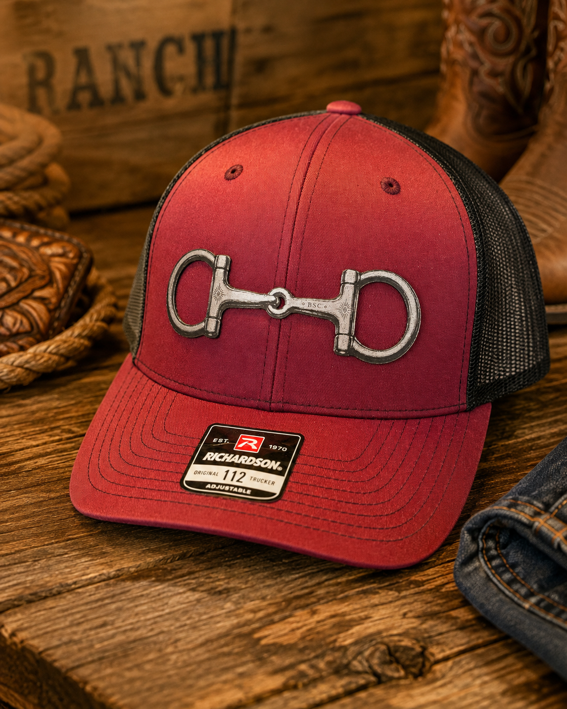 Cardinal and black Western trucker hat with silver-tone snaffle bit emblem on rustic wood