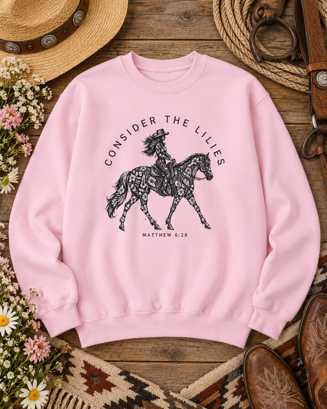 Consider the Lilies Western Crewneck Sweatshirt — Matthew 6:28