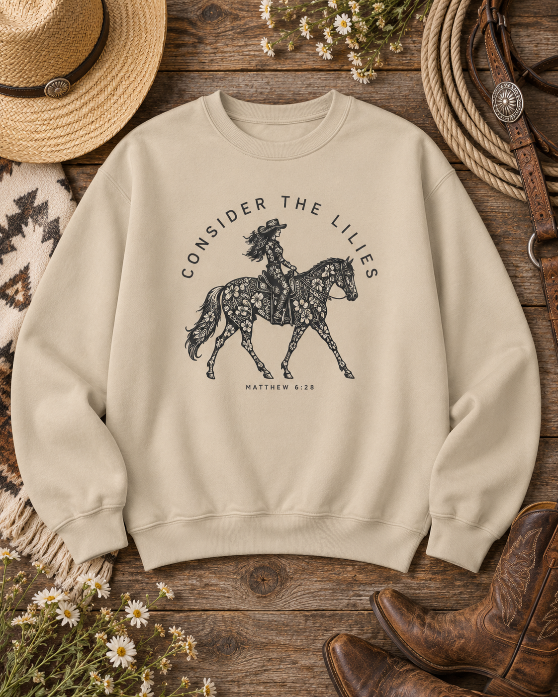 Consider the Lilies Western Crewneck Sweatshirt — Matthew 6:28