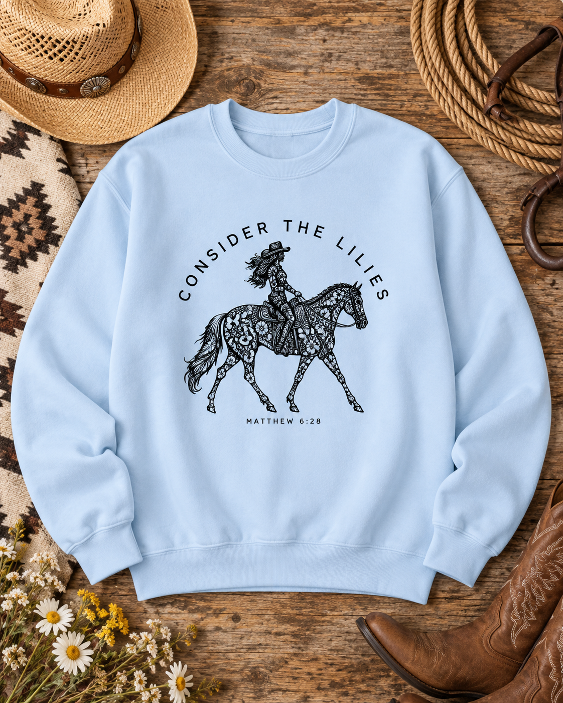 Consider the Lilies Western Crewneck Sweatshirt — Matthew 6:28