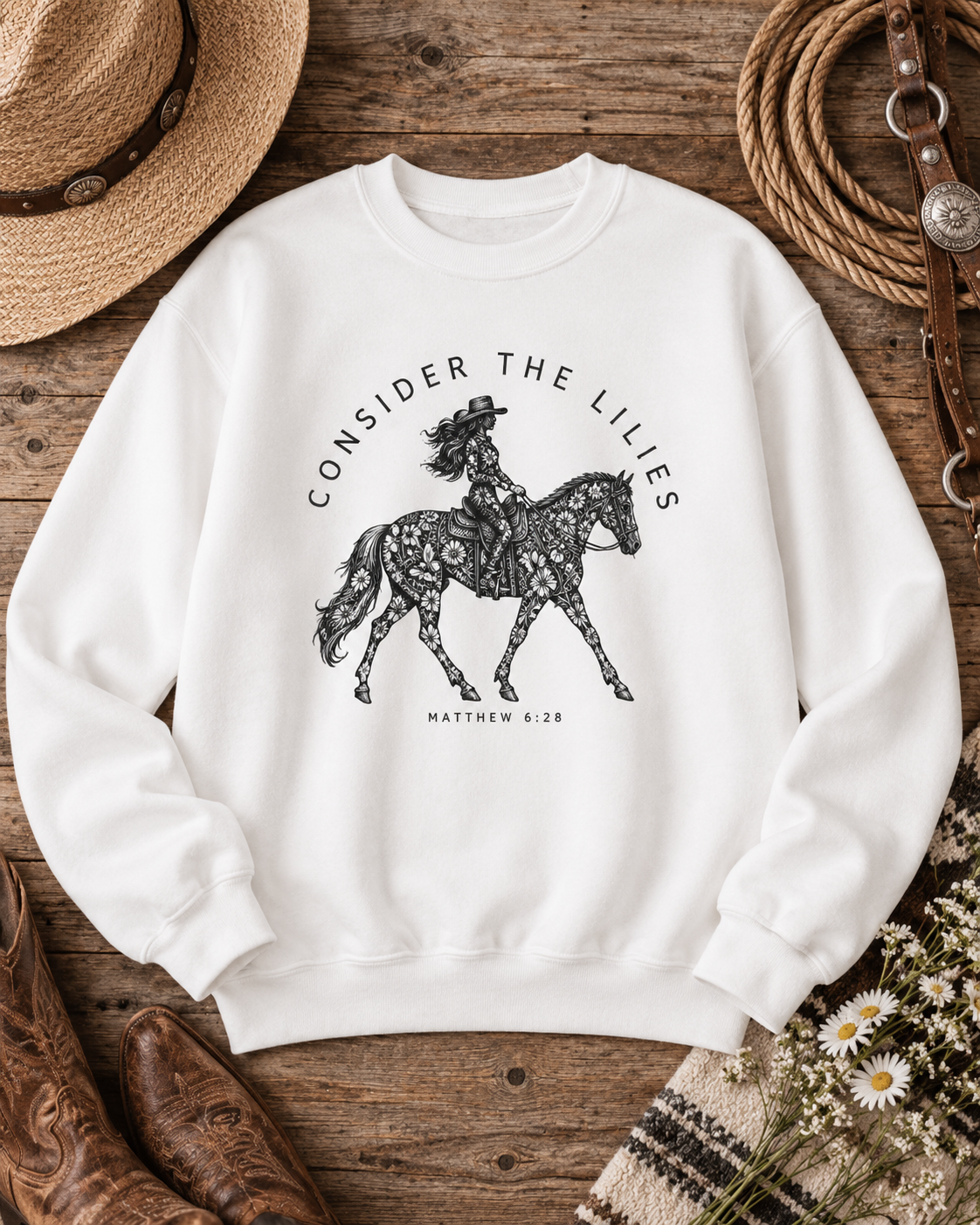 Consider the Lilies Western Crewneck Sweatshirt — Matthew 6:28