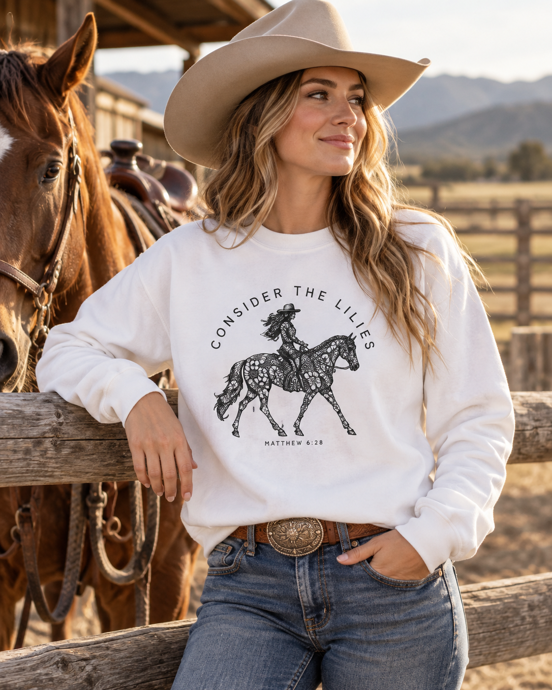 Consider the Lilies Western Crewneck Sweatshirt — Matthew 6:28