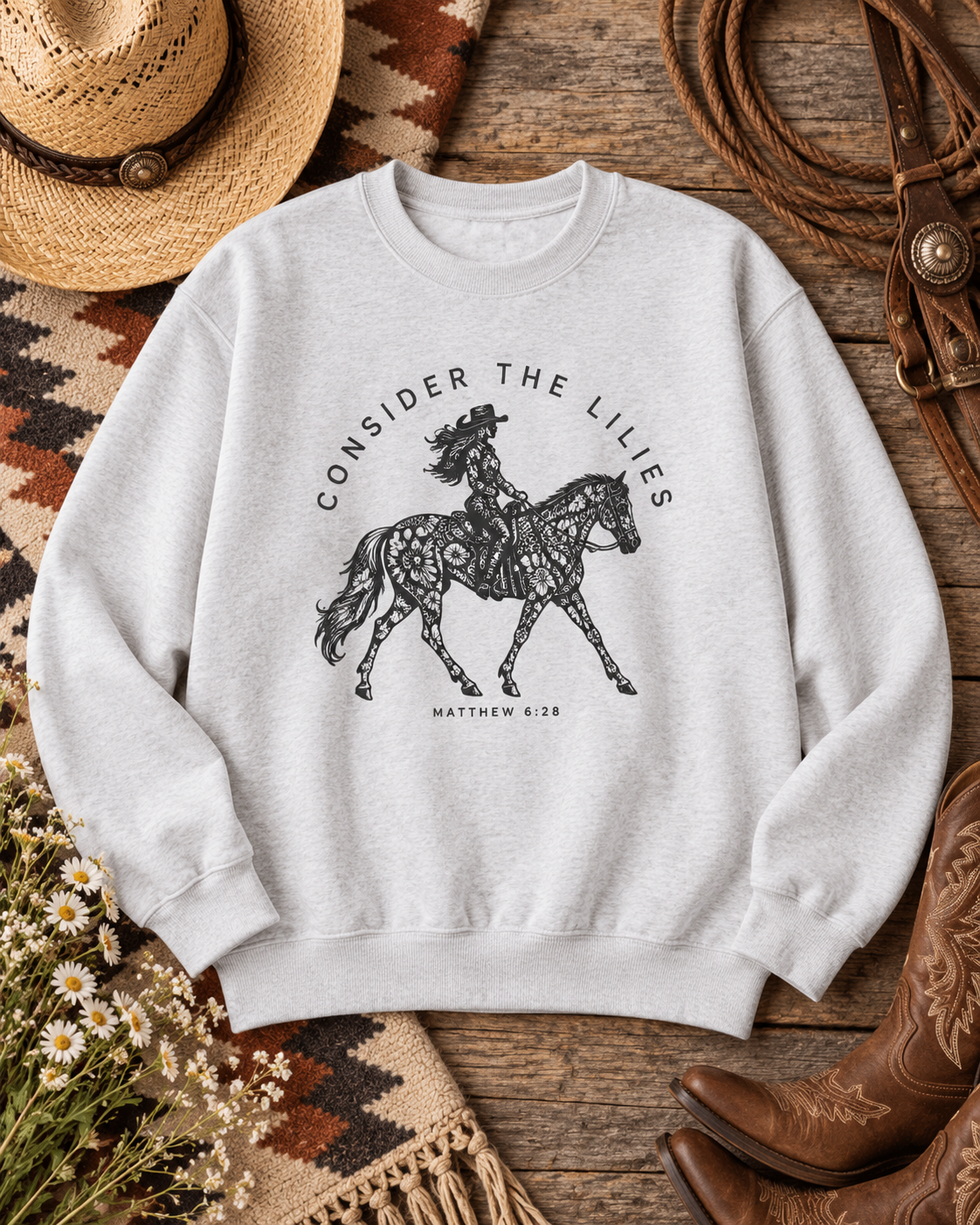 Consider the Lilies Western Crewneck Sweatshirt — Matthew 6:28