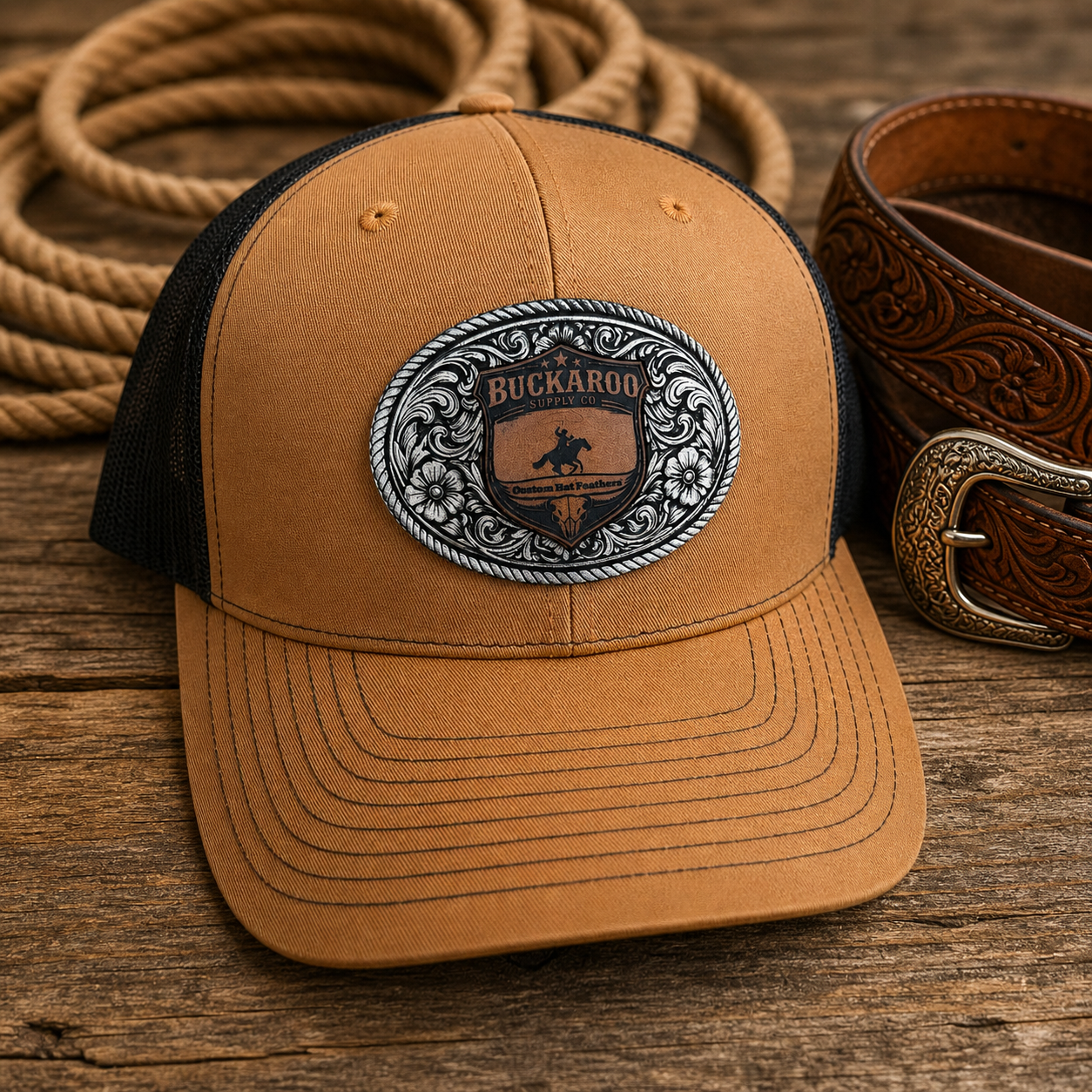 Western Trucker Hat – Camel & Black Richardson 112 Buckaroo Cap