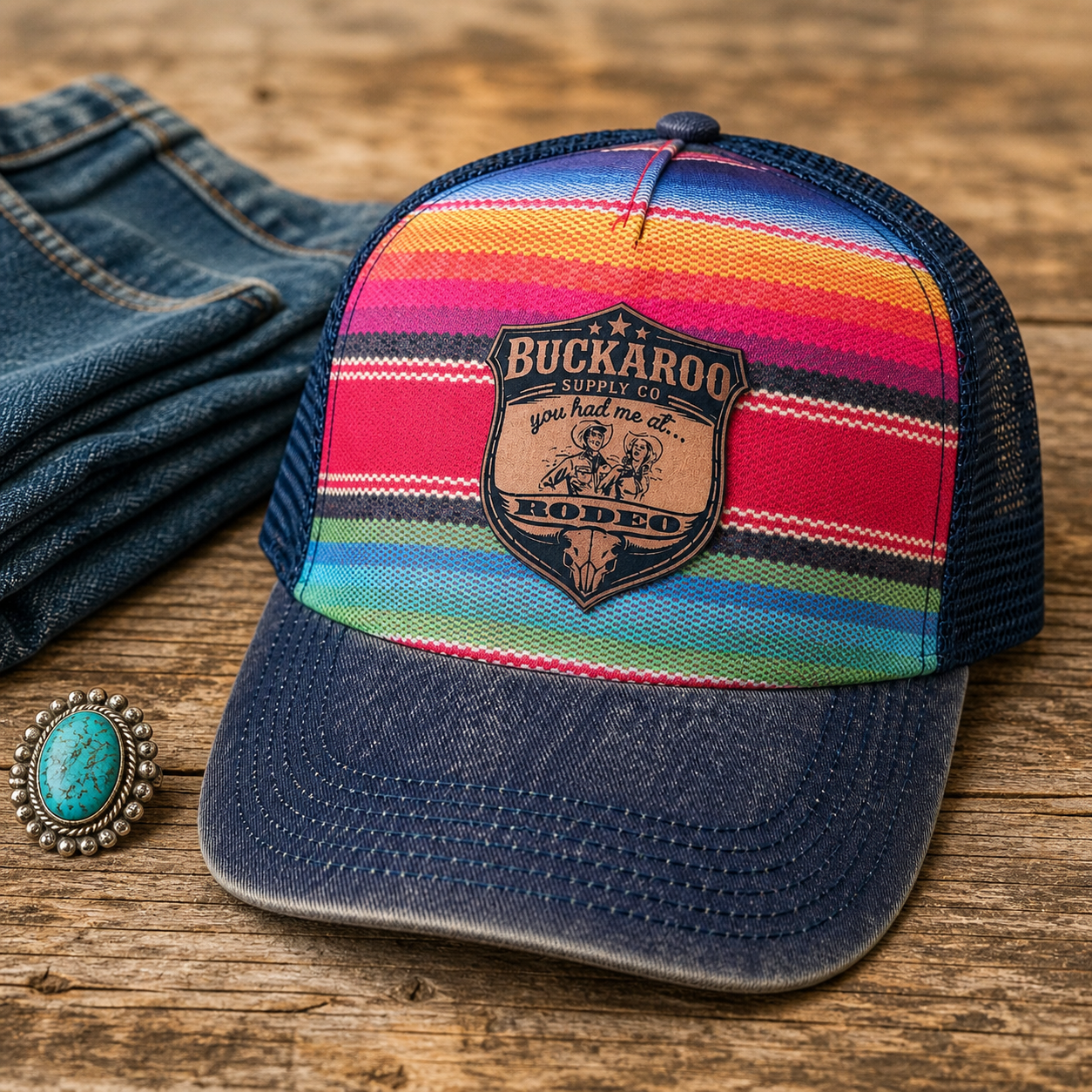 Colorful striped trucker hat with 'Buckaroo Supply Co' logo on a wooden surface with jeans and a ring.
