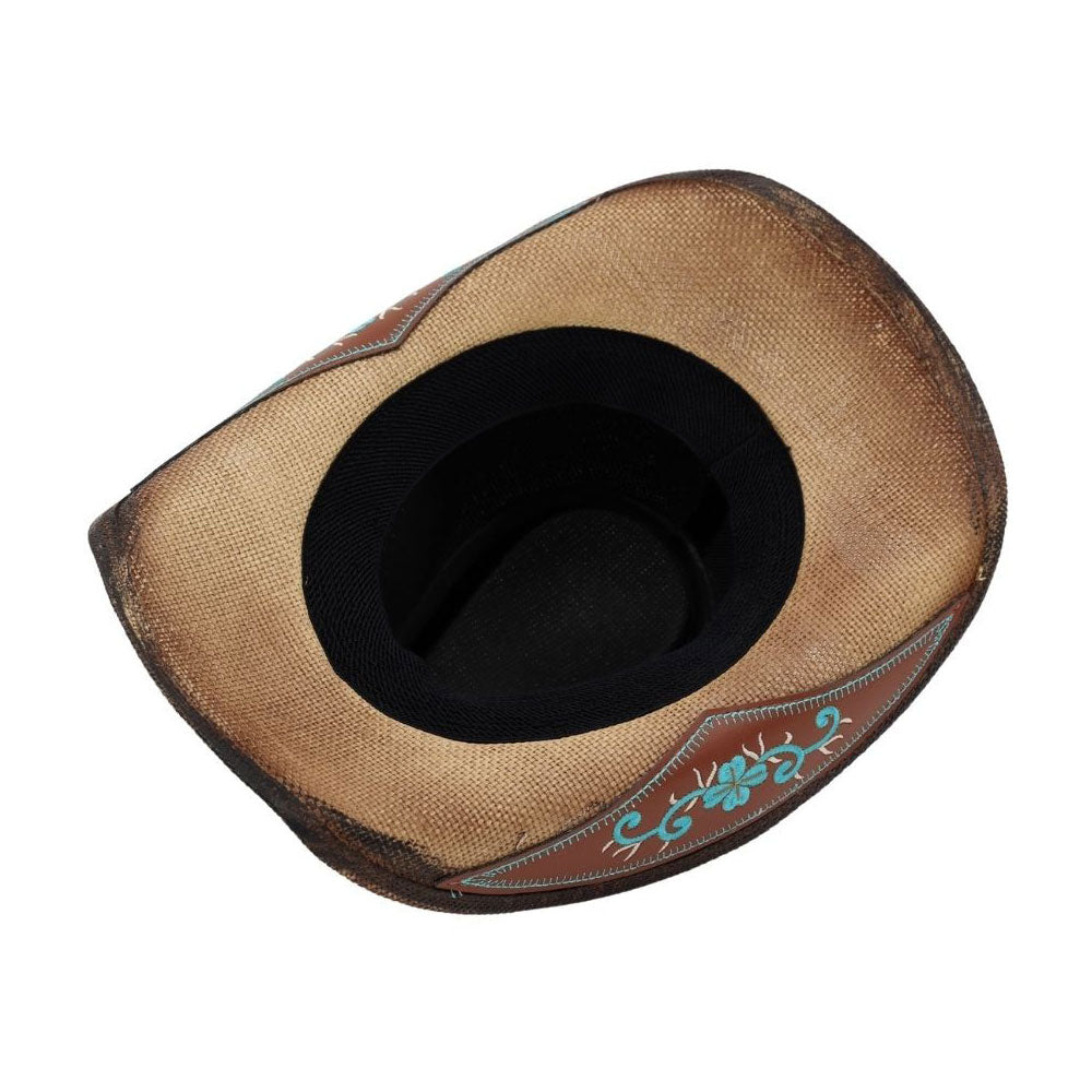 Boho Oval Turquoise Stone Accent Floral Embroidered Band Washed Straw Western Cowboy Hat