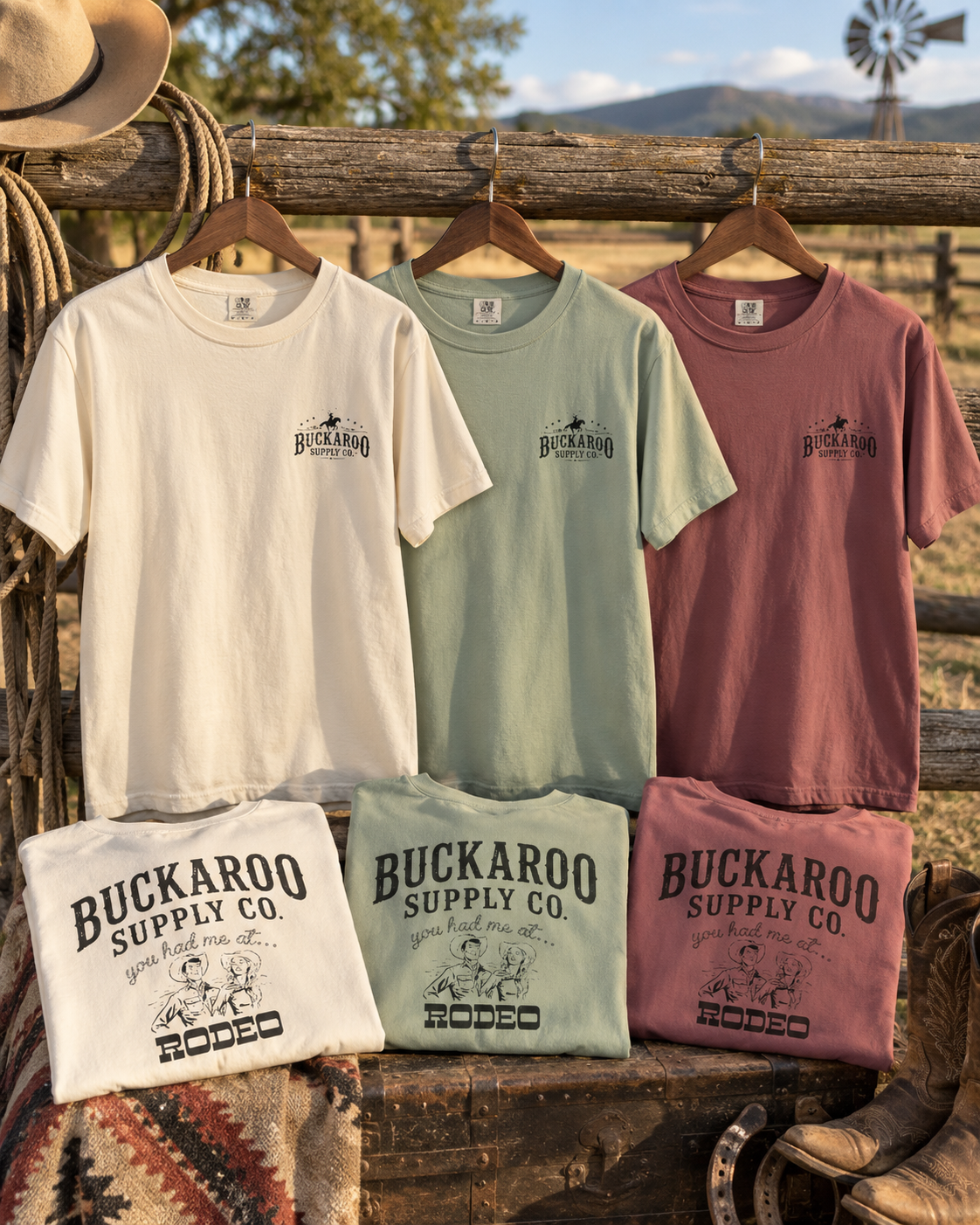 Ivory sage and brick Buckaroo Supply Co. Western rodeo T-shirts displayed together