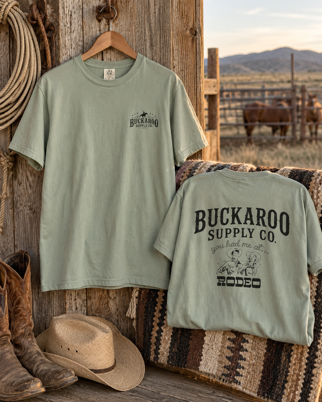 sage green Buckaroo Supply Co. rodeo graphic T-shirt