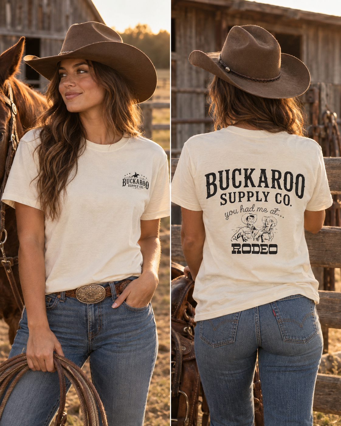 Cowgirl wearing ivory You Had Me at Rodeo Western T-shirt showing front Buckaroo chest logo and large rodeo back graphic.