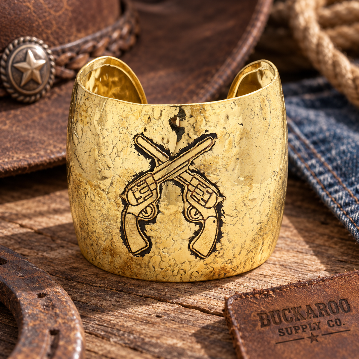 Gold hammered Western cuff bracelet with crossed revolvers styled with leather and denim