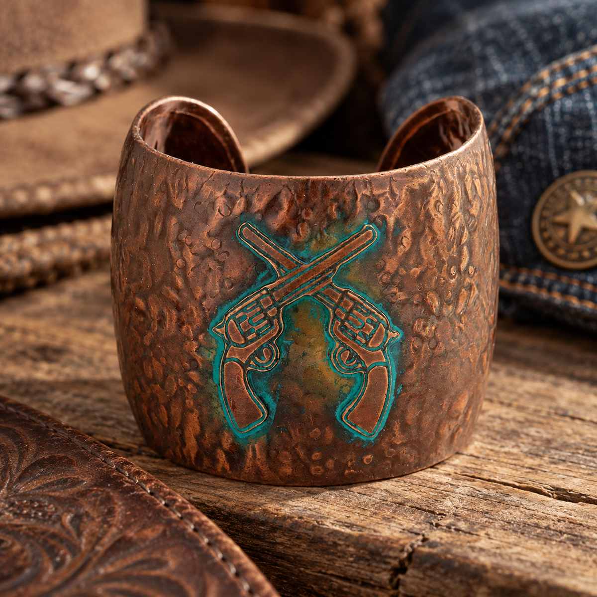 Burnished copper Western cuff bracelet with turquoise-tone crossed revolver design