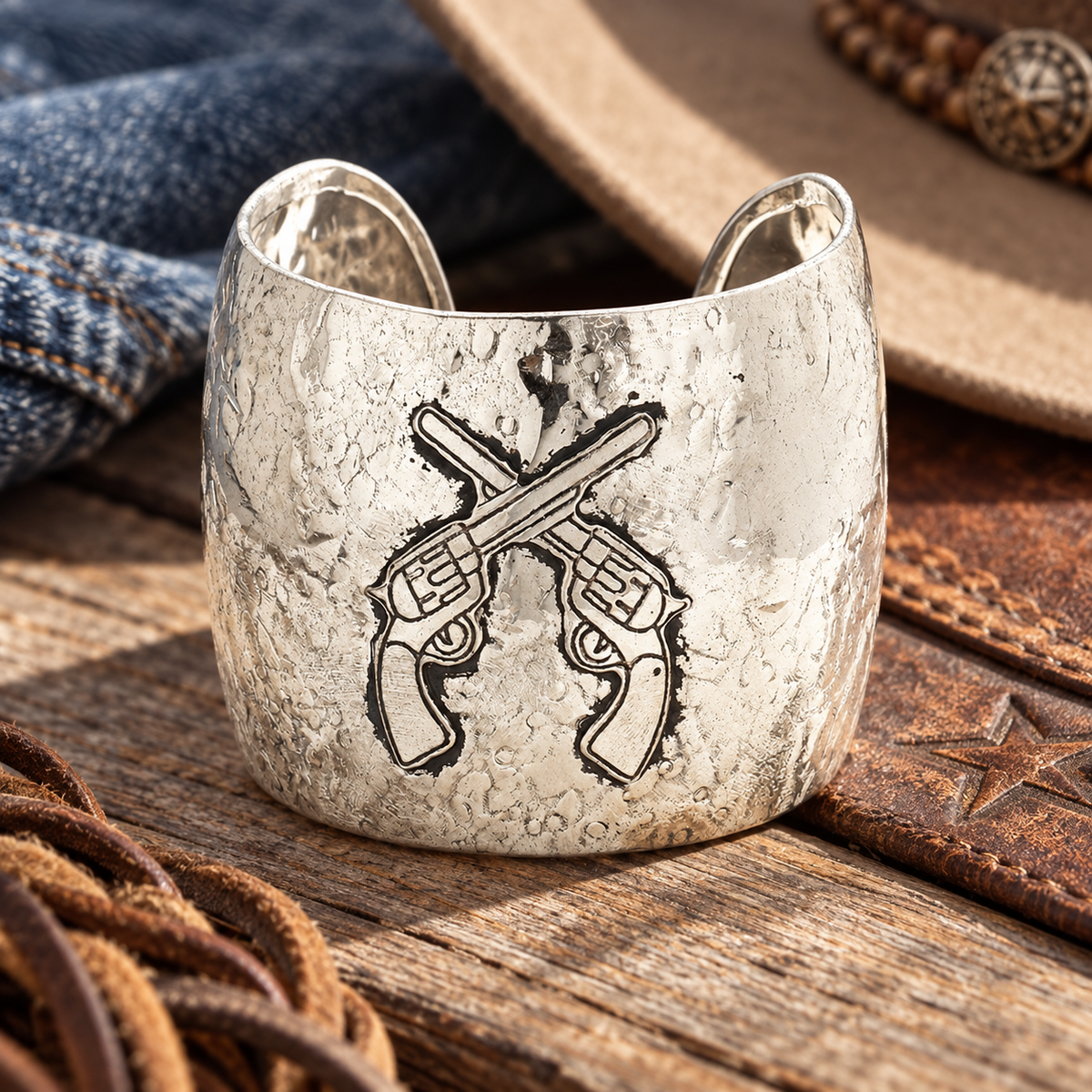 Silver hammered Western cuff bracelet with crossed revolver design in rustic ranch setting