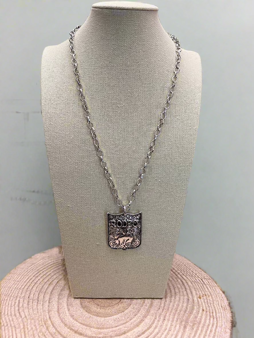 Silver Western Rodeo Statement Pendant Necklace – Adjustable 22"+