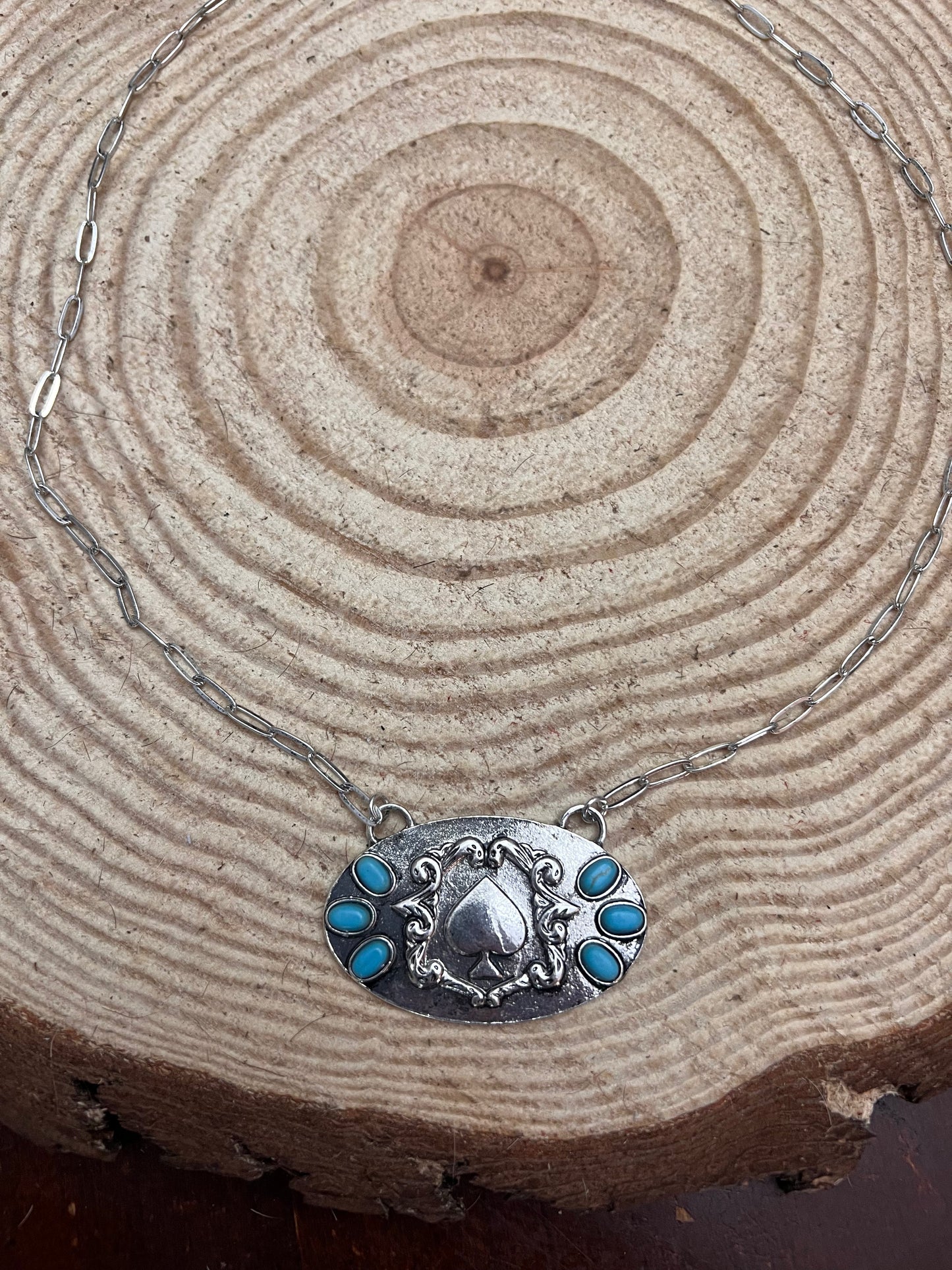 Western Spade Pendant Necklace with Faux Turquoise — 18 Inch Silver-Tone Statement