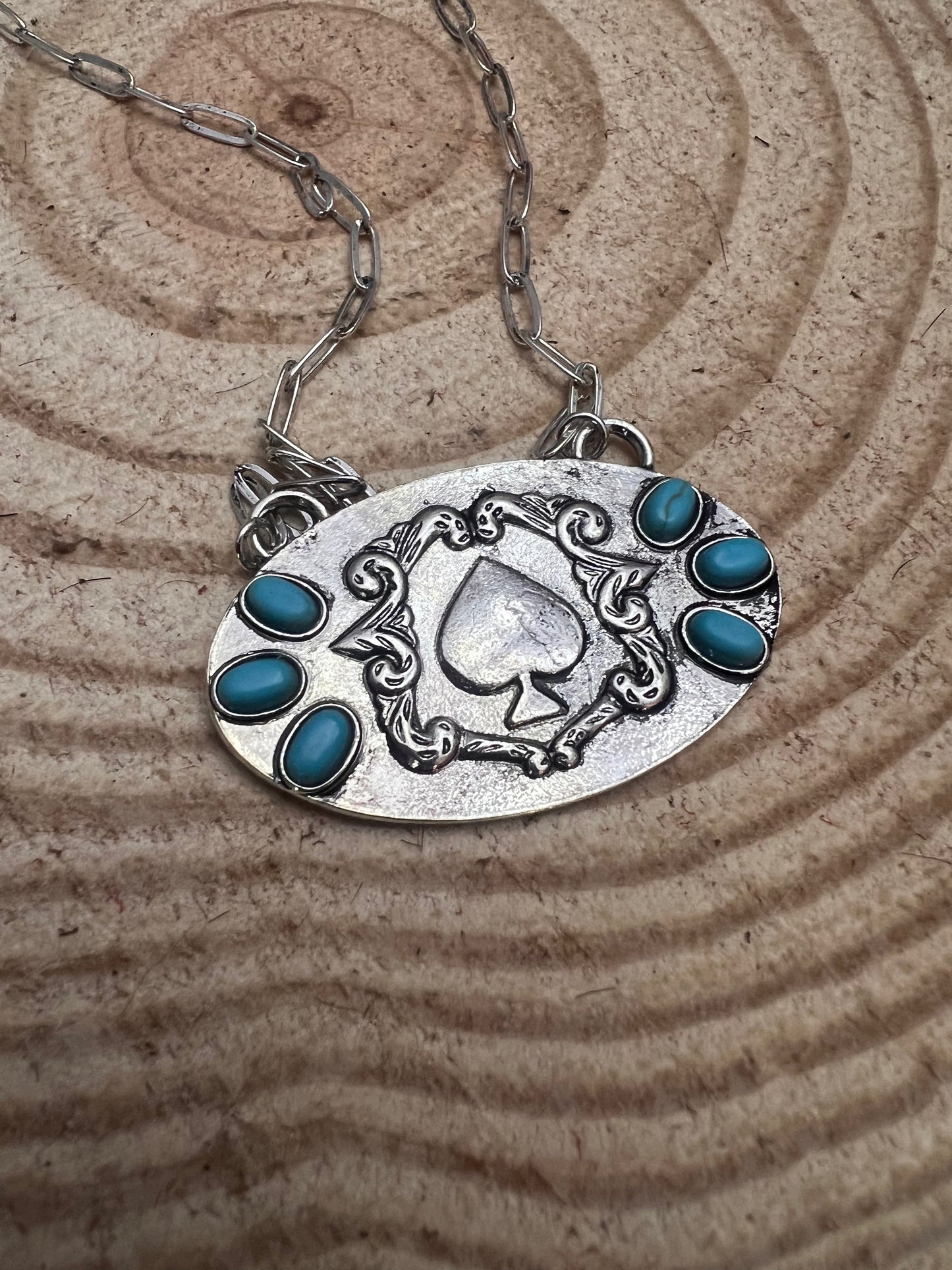 Western Spade Pendant Necklace with Faux Turquoise — 18 Inch Silver-Tone Statement