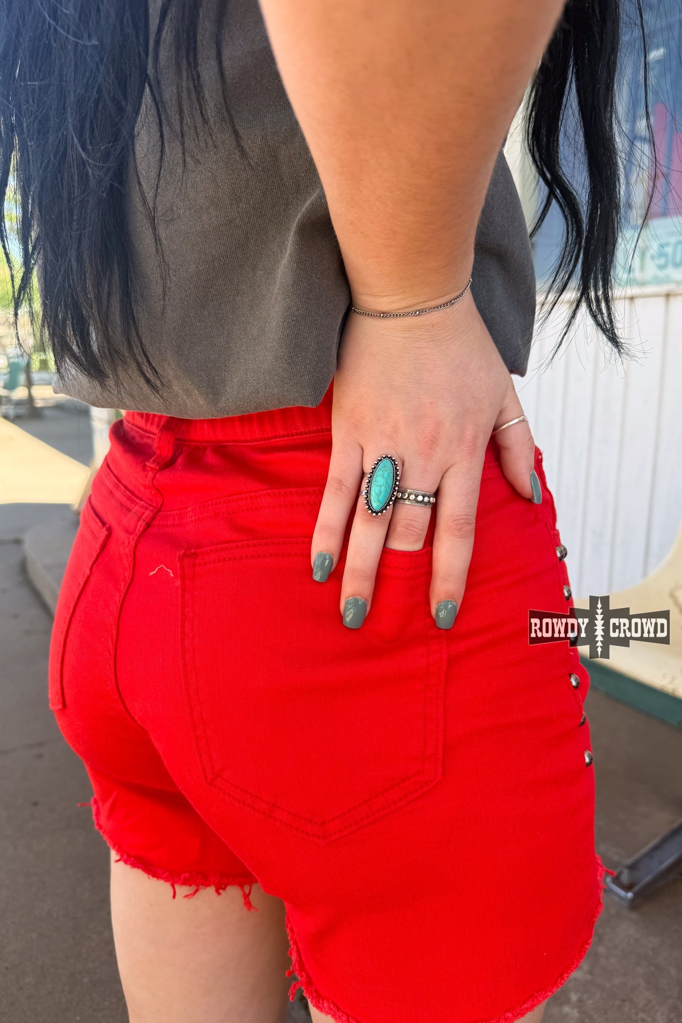 Cowtown Turquoise Western Scarf Slide Ring styled as a statement ring