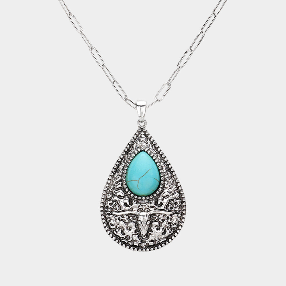 Western Teardrop Turquoise Stone Pointed Teardrop Plate Pendant Necklace