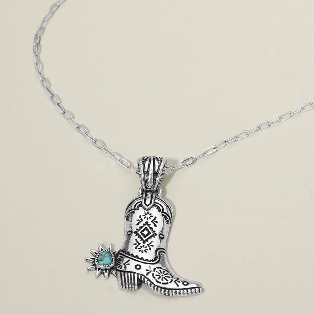 Turquoise Accent Western Cowboy Boot Pendant Necklace