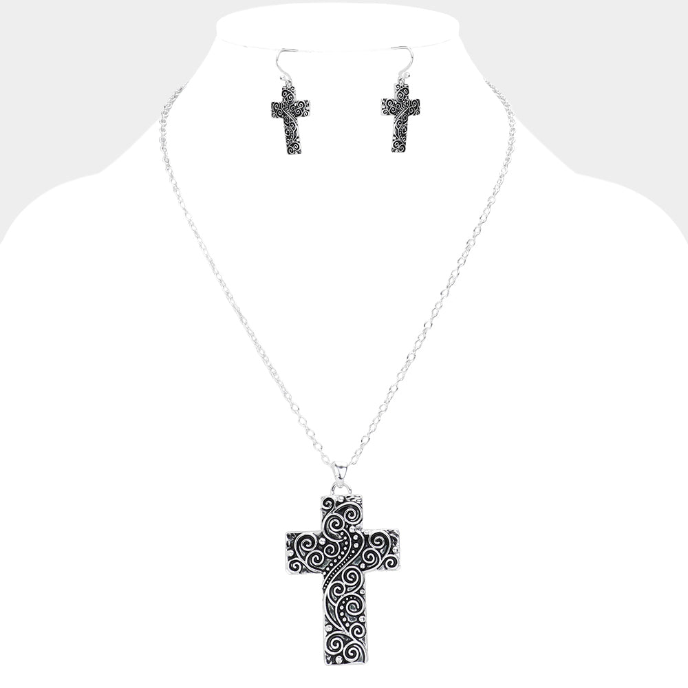 Antique Silver Western Cross Necklace & Earring Set