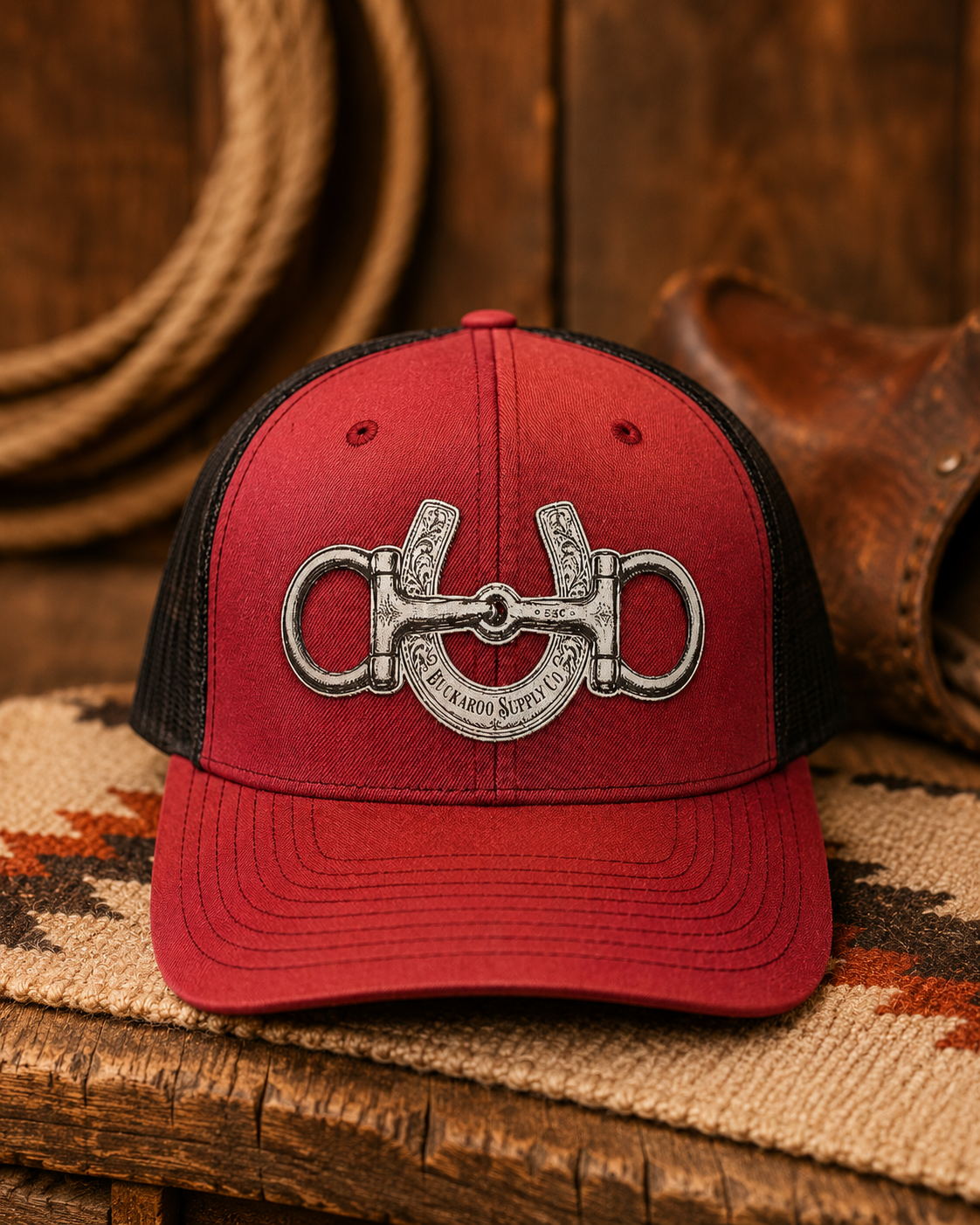 Buckaroo Supply Co. cardinal and black Western trucker hat with snaffle bit and horseshoe design silver leather patch