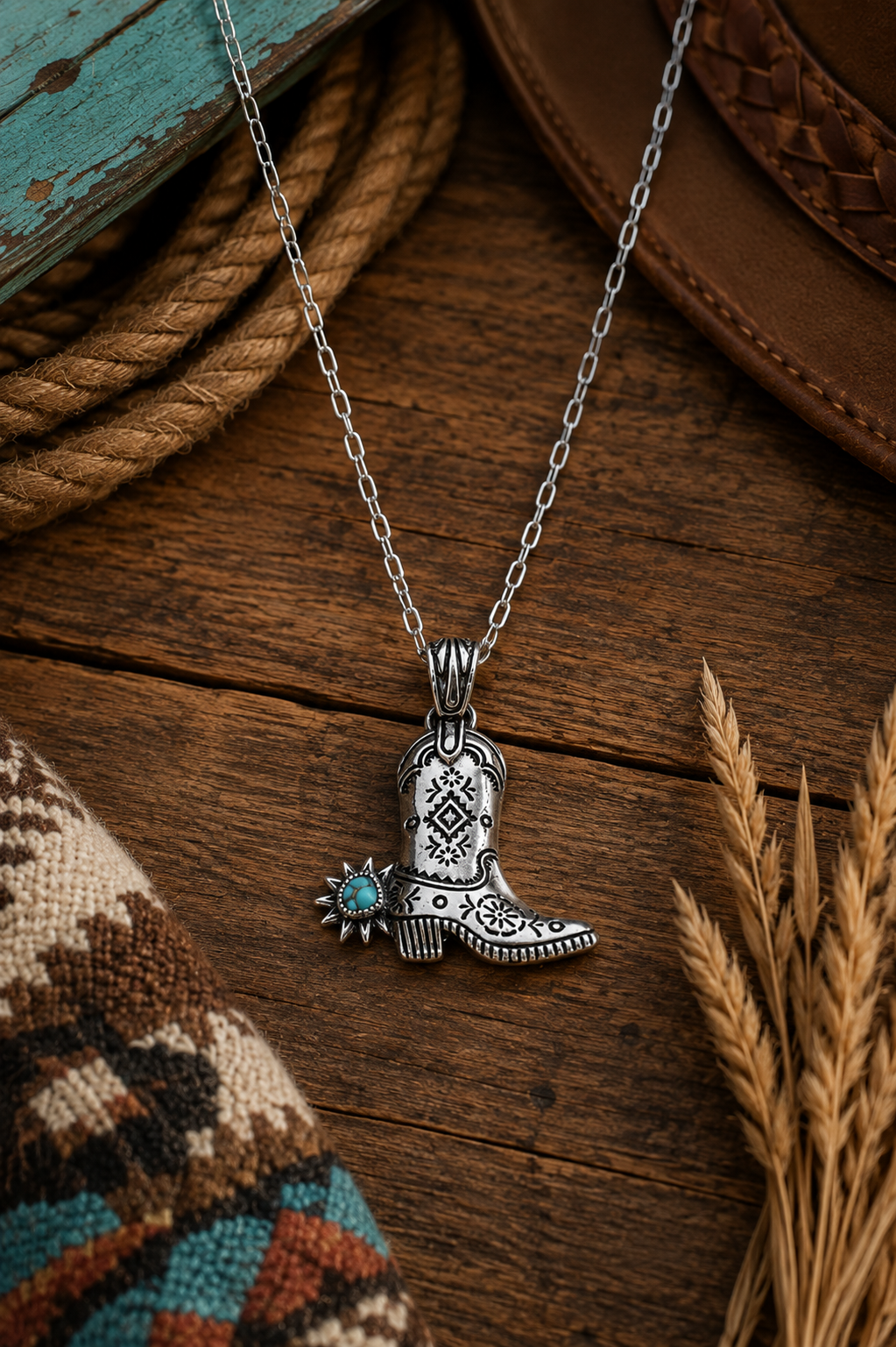 Turquoise Accent Western Cowboy Boot Pendant Necklace