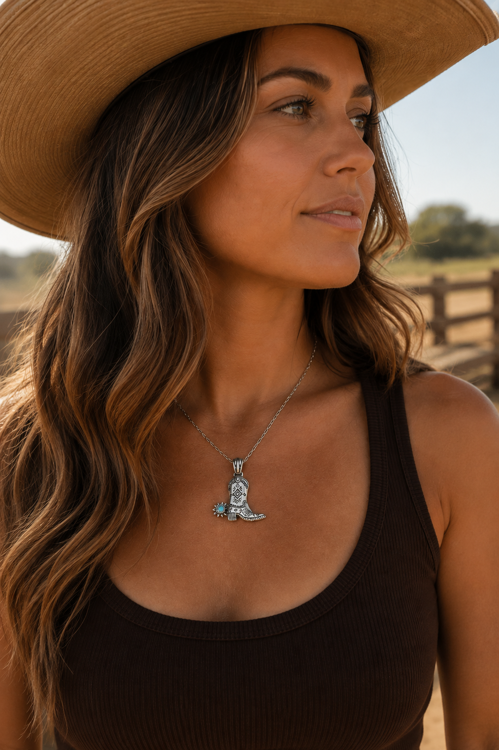 Turquoise Accent Western Cowboy Boot Pendant Necklace