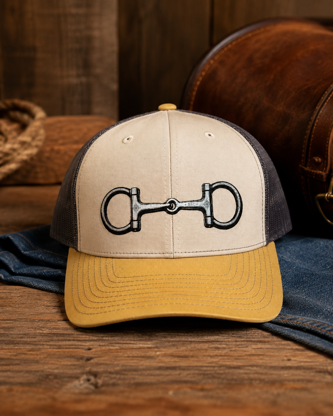 Richardson 112 Western trucker hat with snaffle bit design styled on a rustic Western background