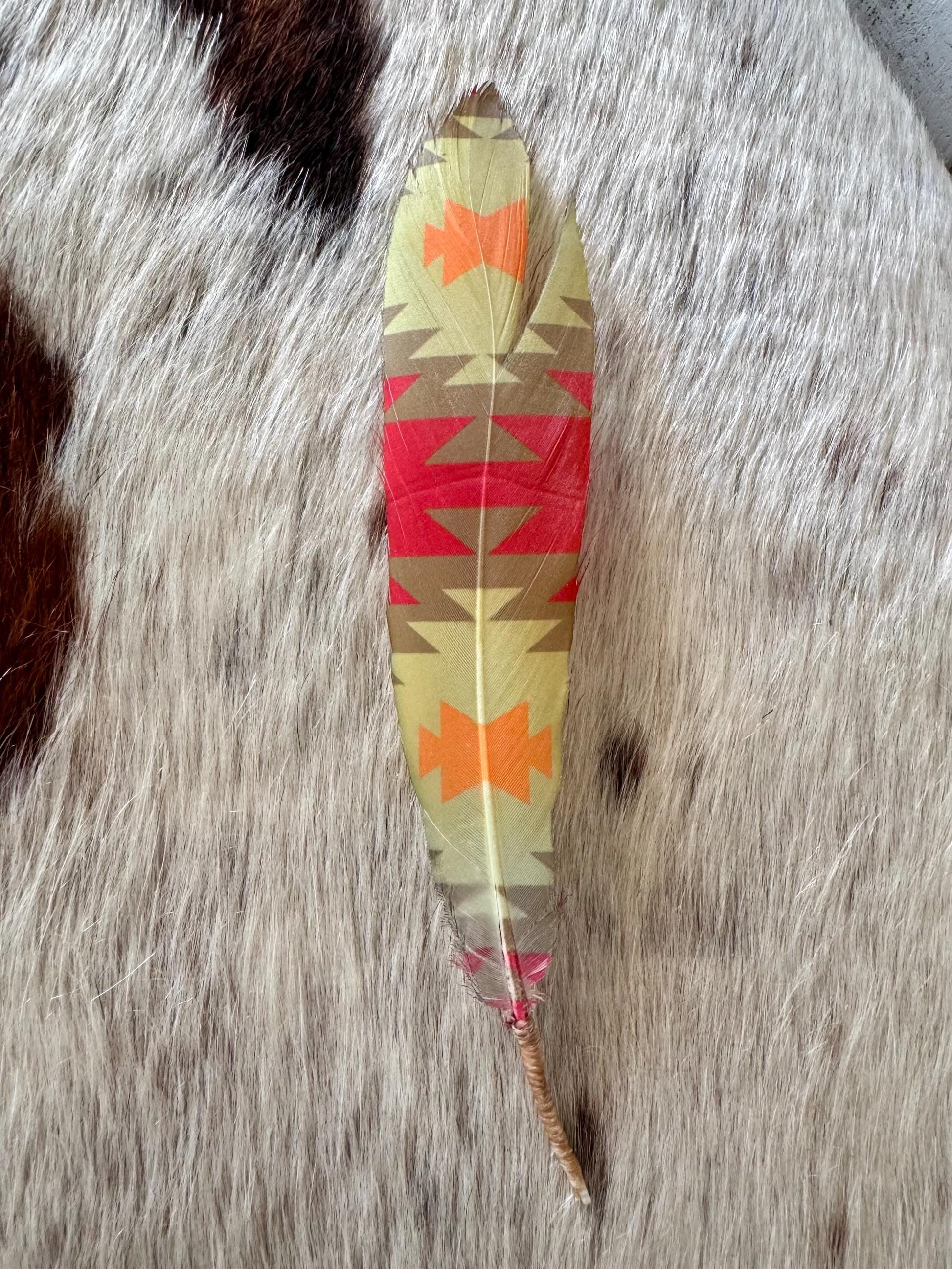 Southwestern cowboy hat feather with coral orange and tan tones