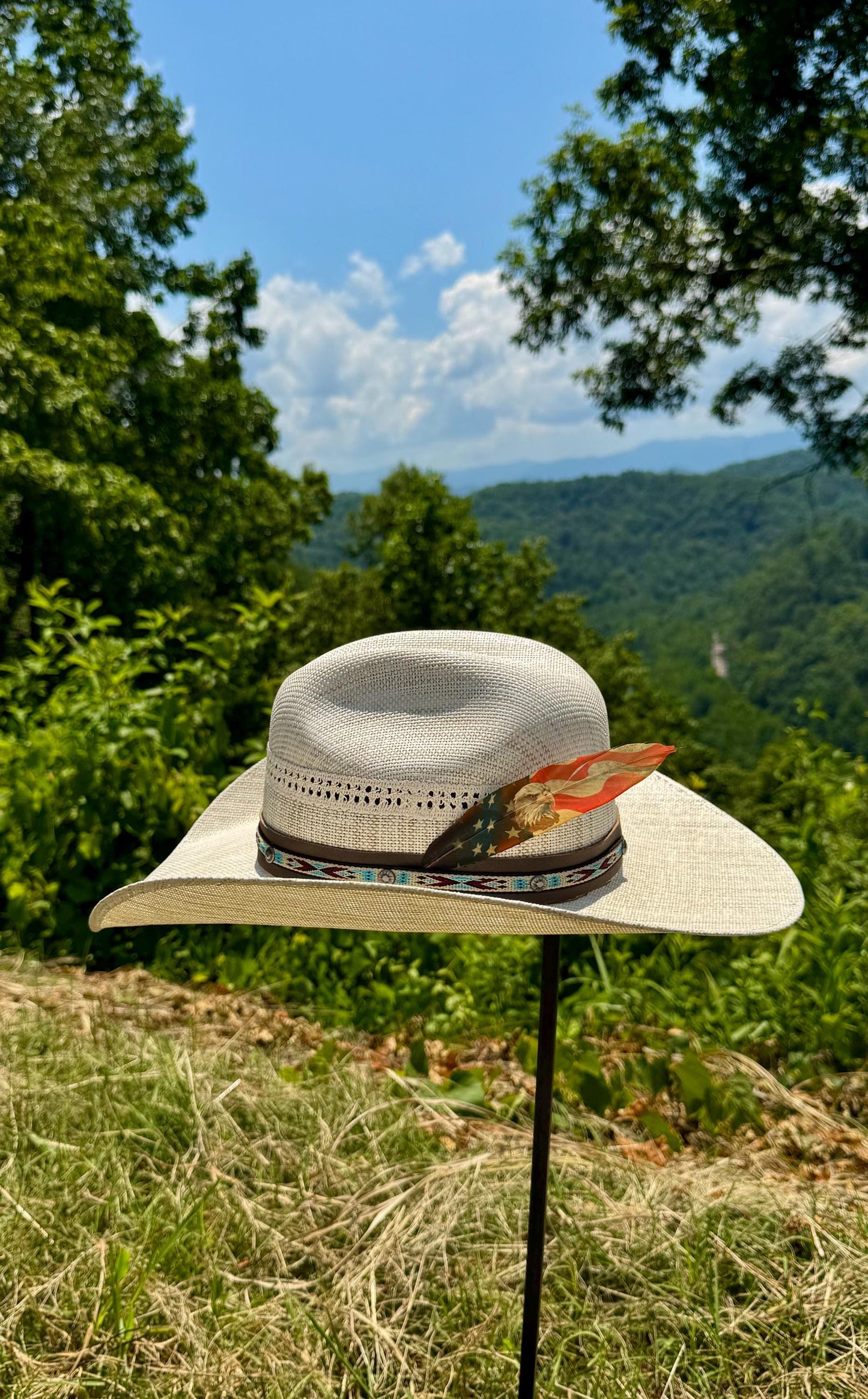 Handcrafted patriotic Western hat feather by Buckaroo Supply Co.
