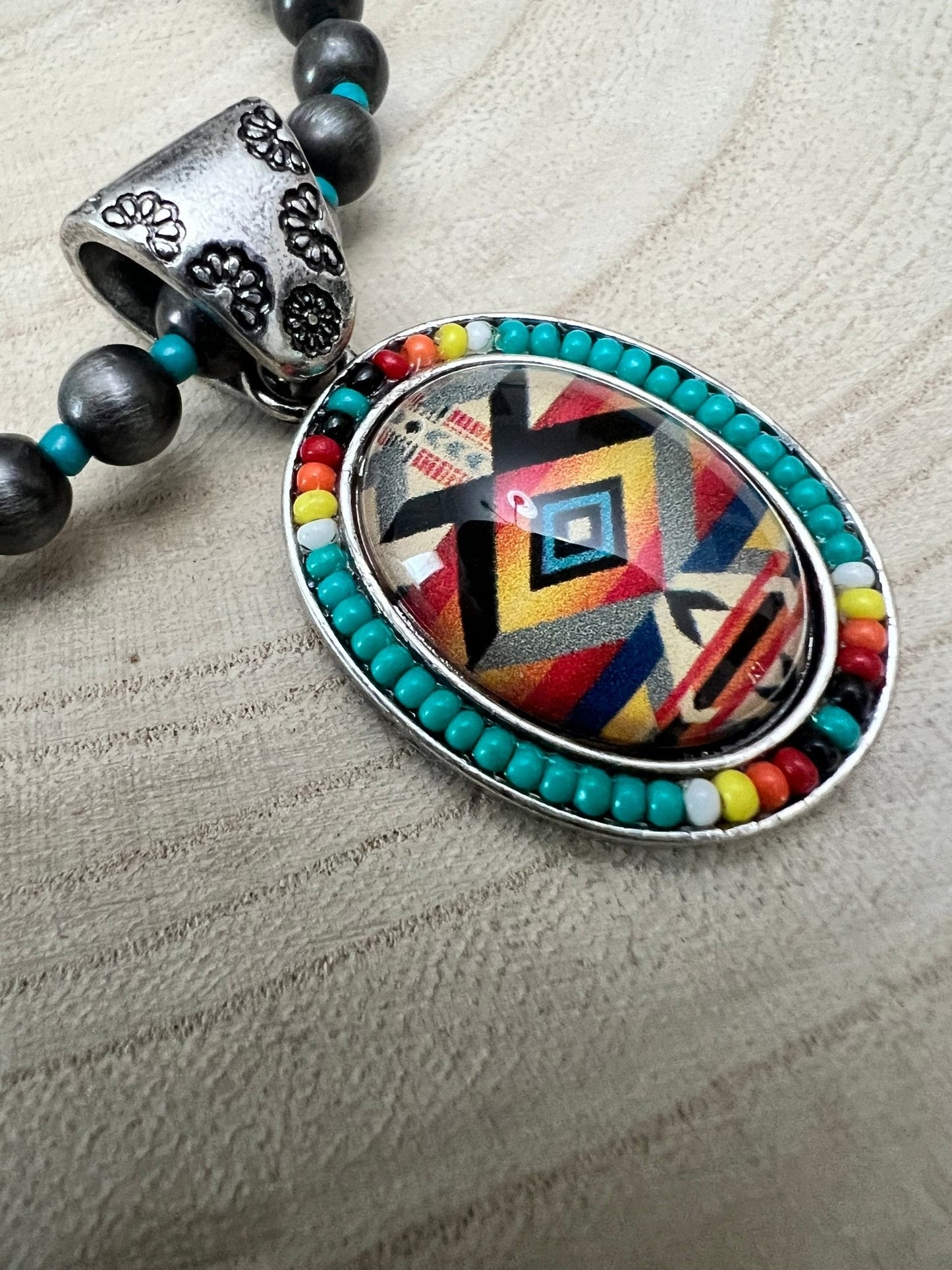 Southwestern Geometric Pendant Stretch Bracelet — Turquoise & Faux Pearl