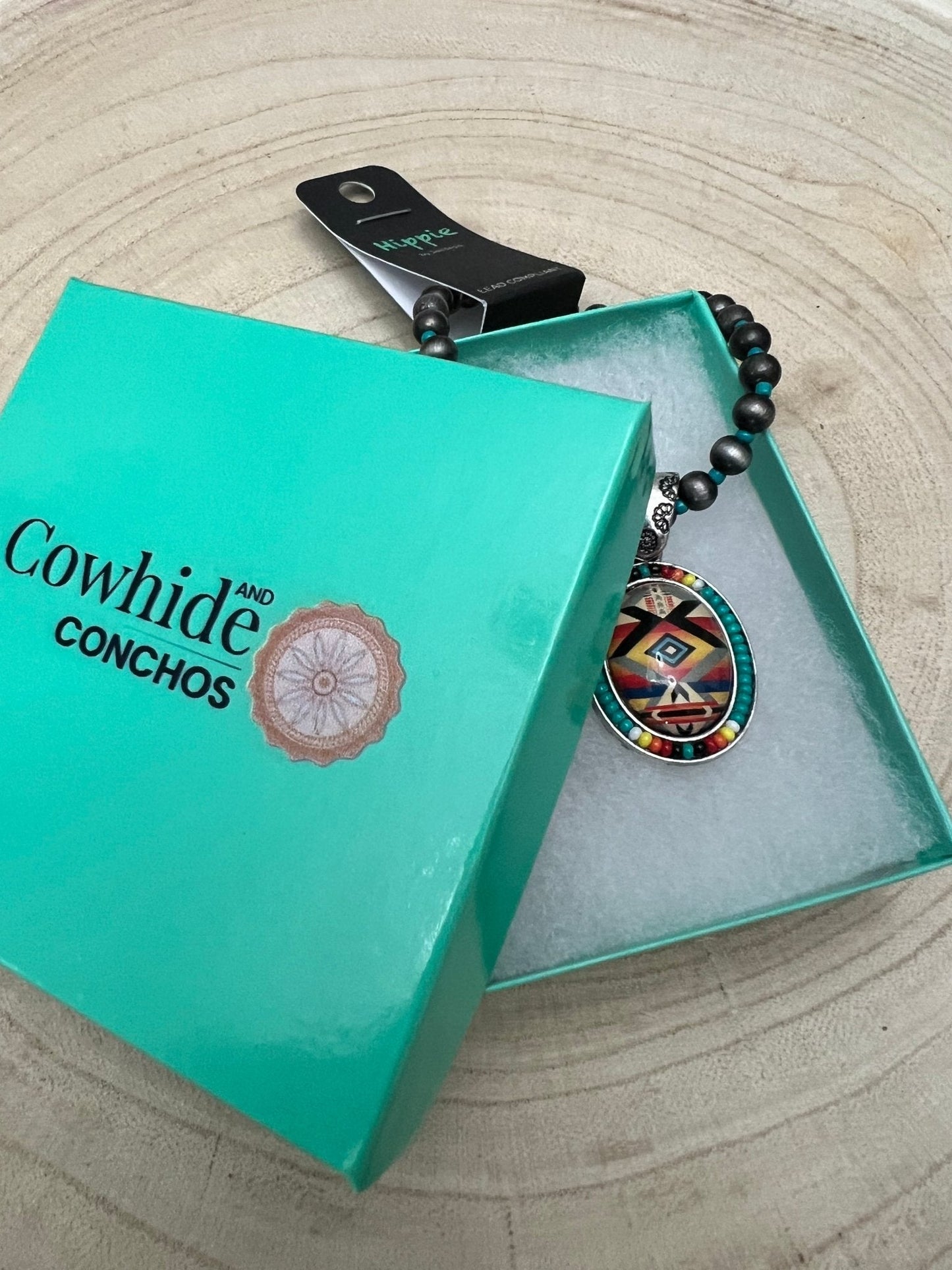 Southwestern Geometric Pendant Stretch Bracelet — Turquoise & Faux Pearl