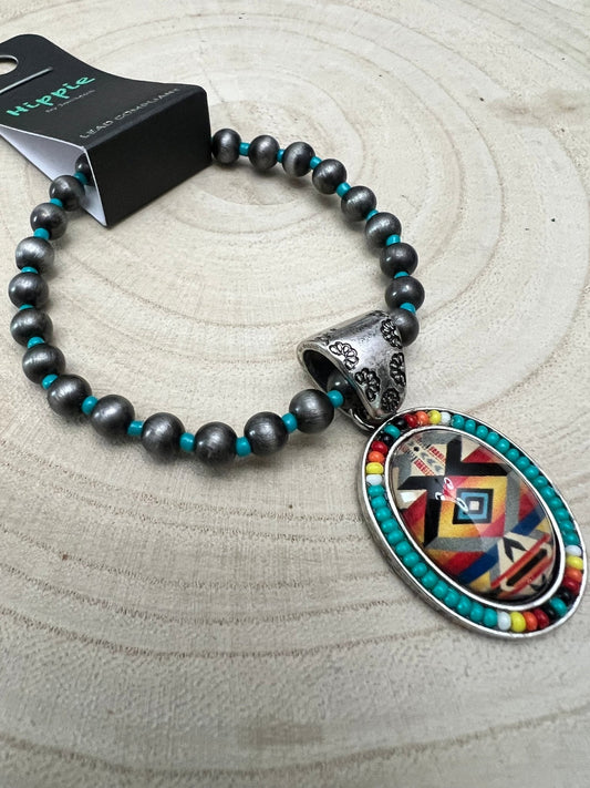 Southwestern Geometric Pendant Stretch Bracelet — Turquoise & Faux Pearl