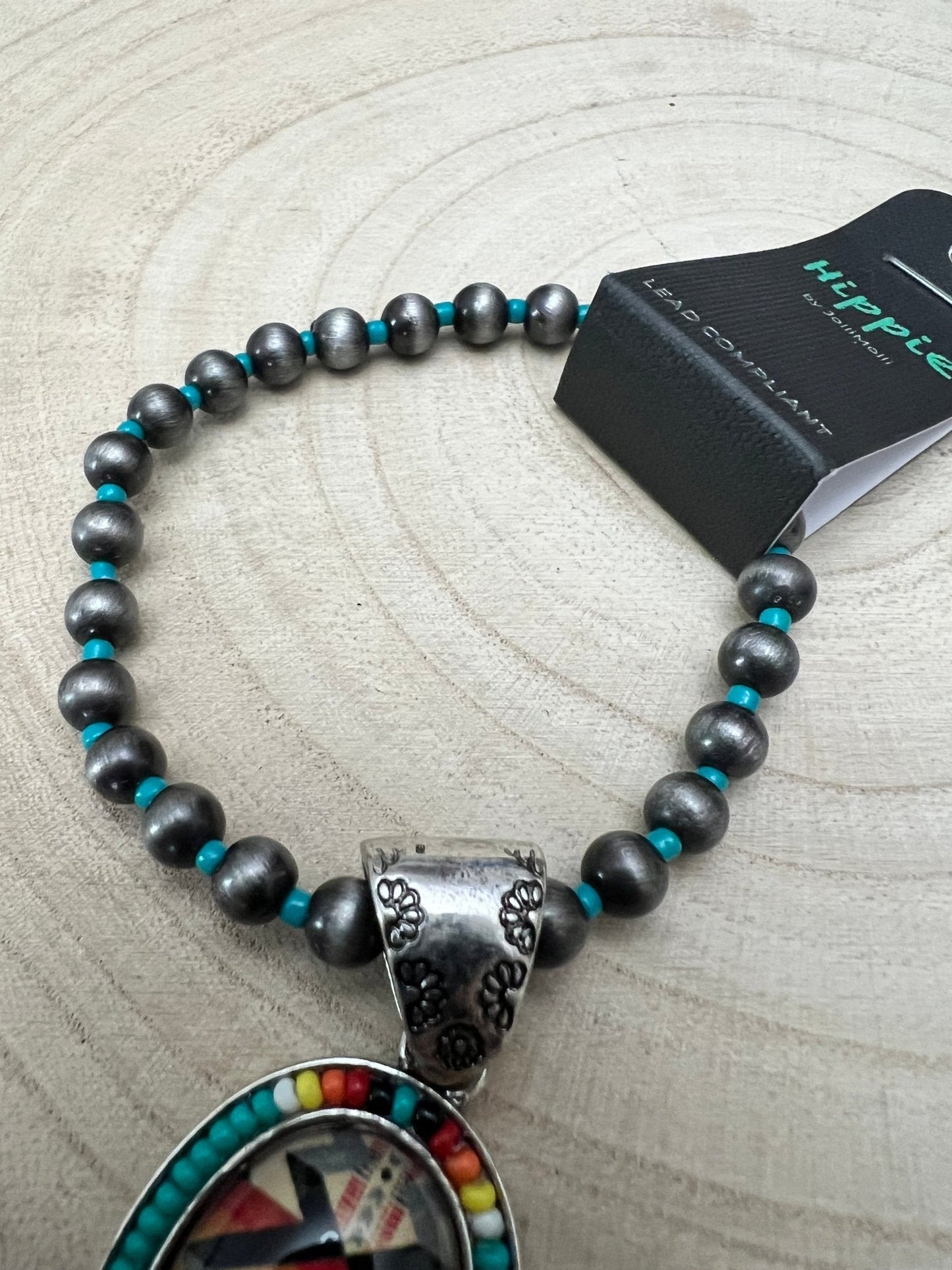 Southwestern Geometric Pendant Stretch Bracelet — Turquoise & Faux Pearl