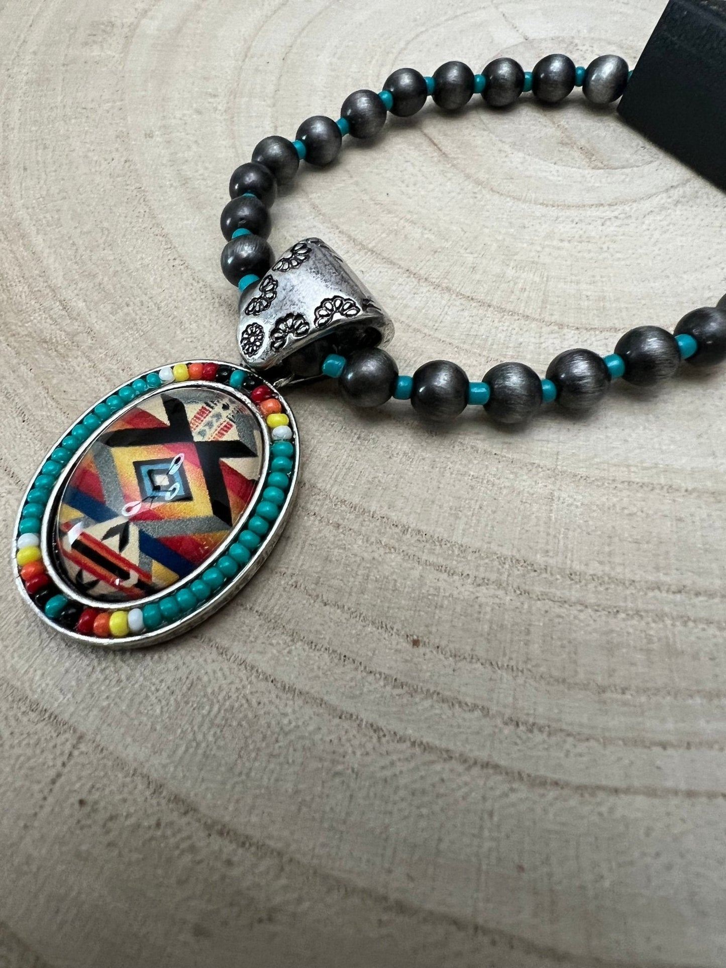 Southwestern Geometric Pendant Stretch Bracelet — Turquoise & Faux Pearl