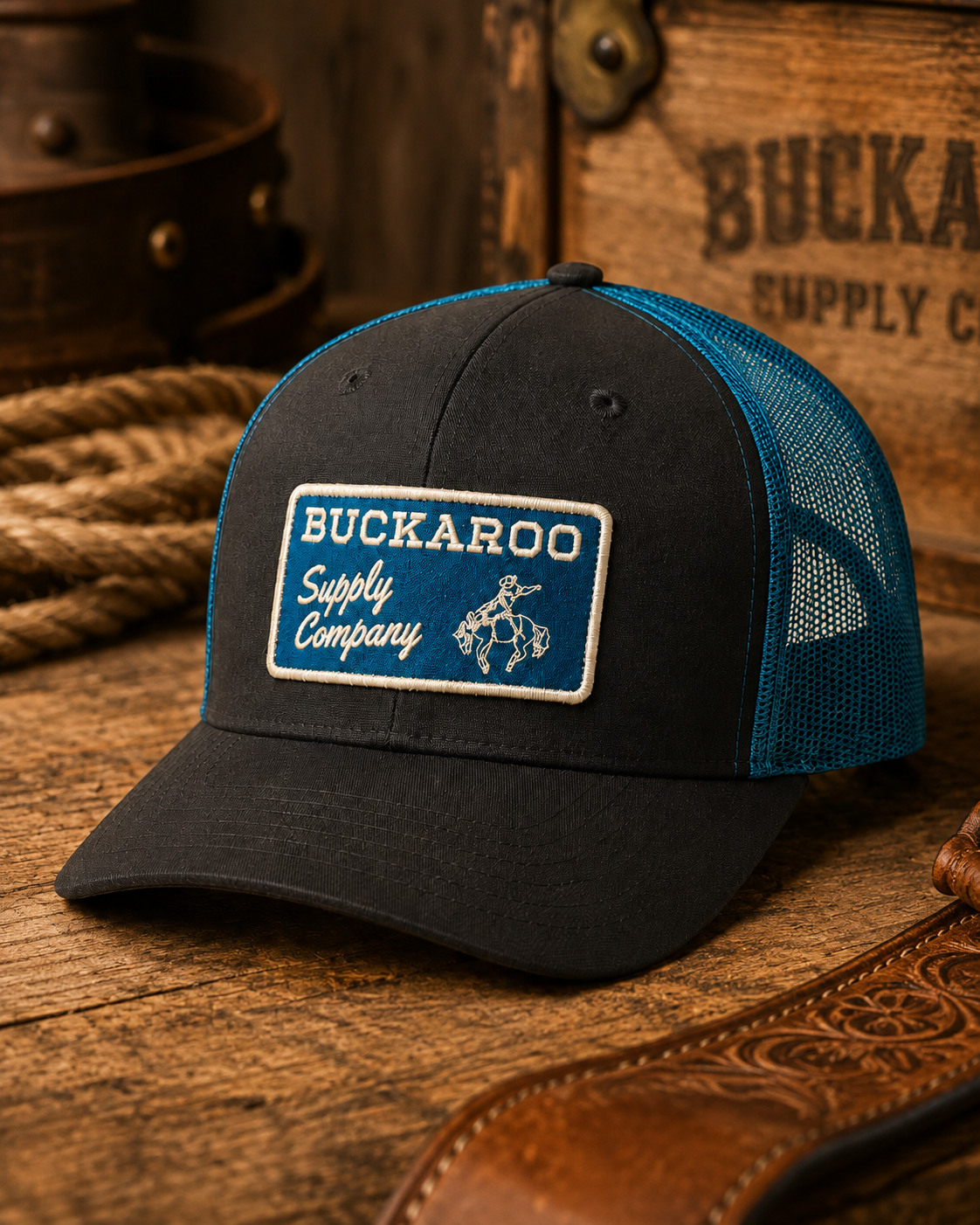 Black and teal Buckaroo Western trucker hat on rustic wood background