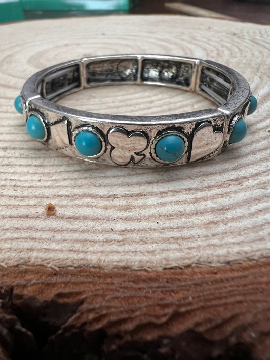 Western Playing Card Stretch Bracelet with Faux Turquoise Accents