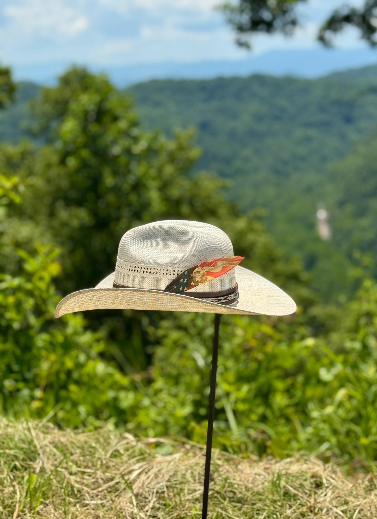 Straw hat with a decorative band on a stick against a scenic mountain. Handcrafted patriotic Western hat feather by Buckaroo Supply Co.backdrop