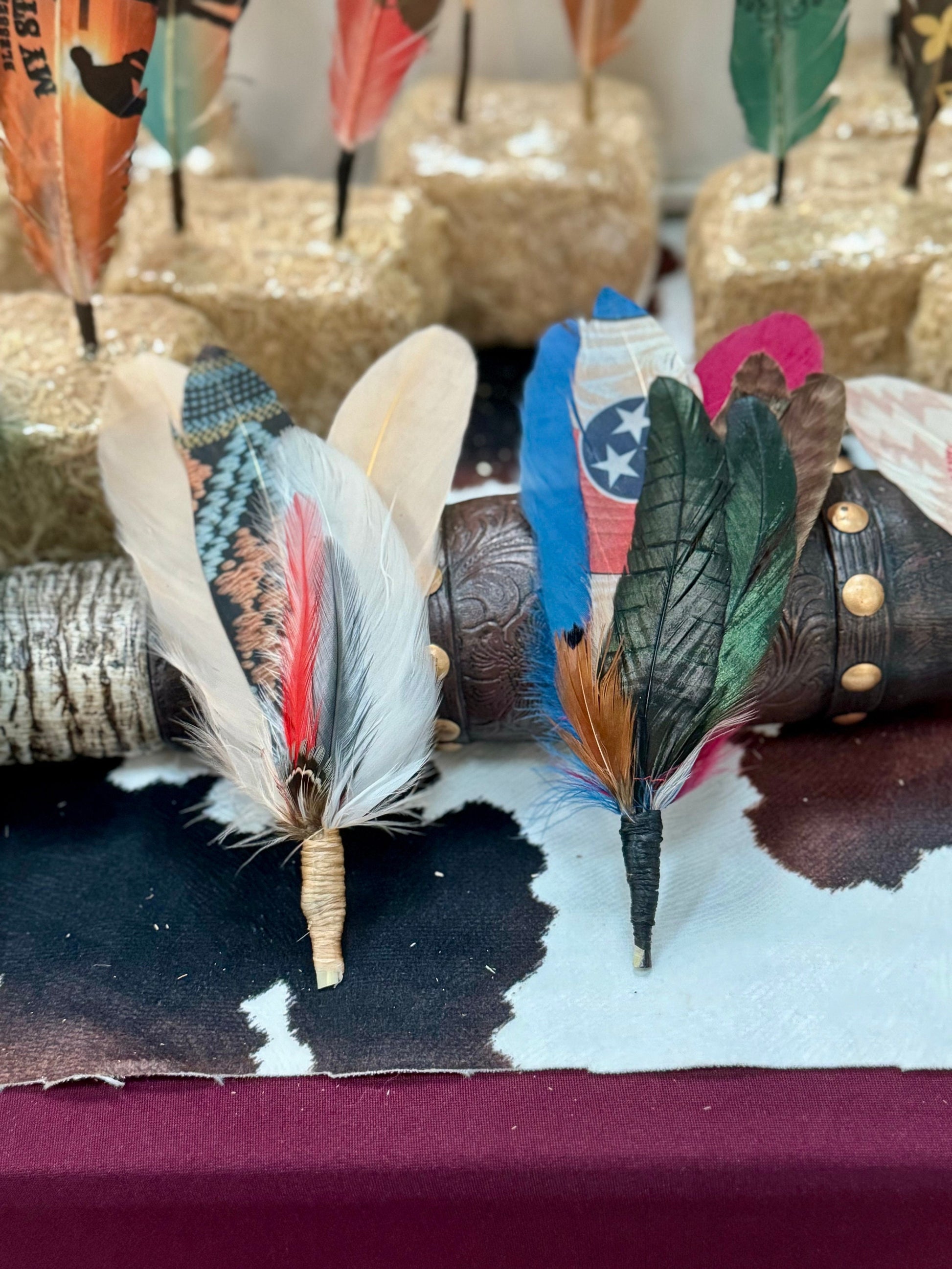 Feathered items on a dark surface with a colorful background