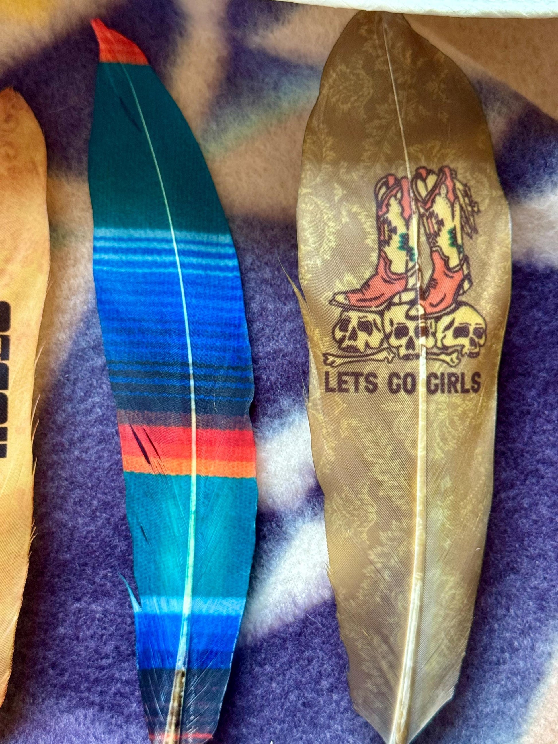 Decorative feather with colorful design and 'Let's Go Girls' text on a textured surface