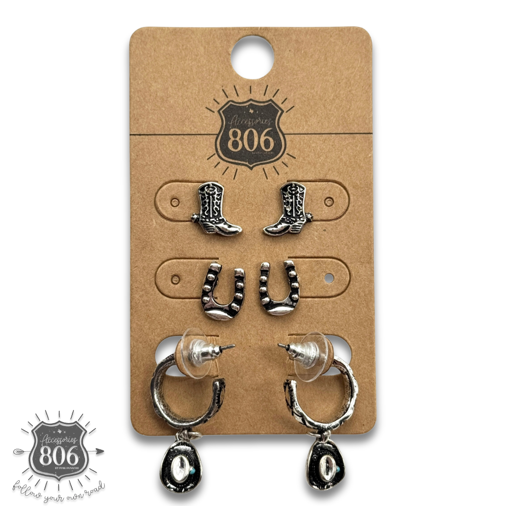 Western Charm Earring Set – Boots, Horseshoes & Cowboy Hats